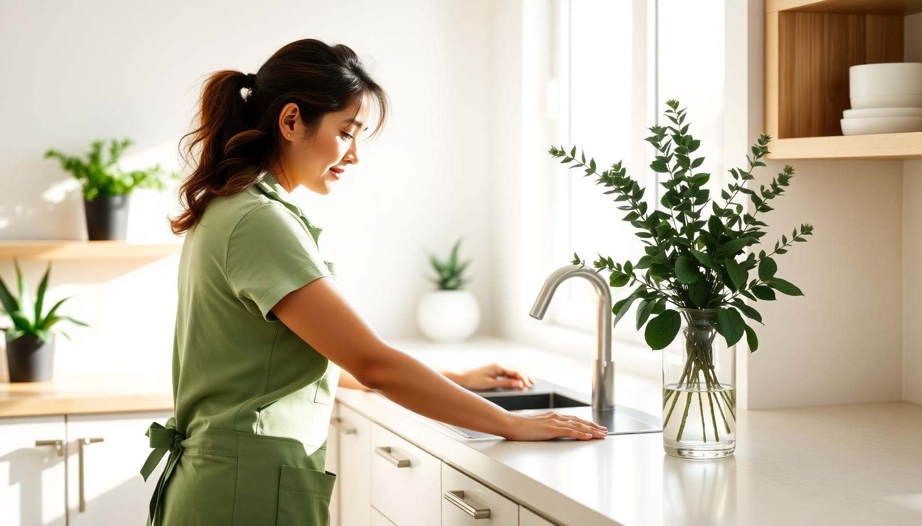 A Wilson's Cleaning Service professional refreshing a bright, plant-filled kitchen